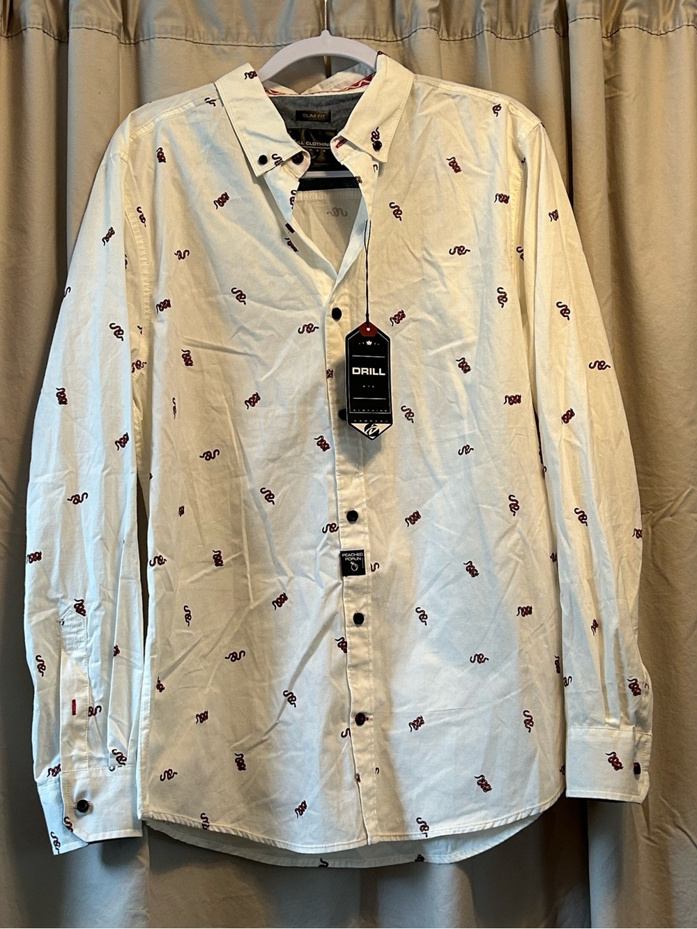 DRILL White Long-Sleeve Button-Down Shirt with Red Micro Print
